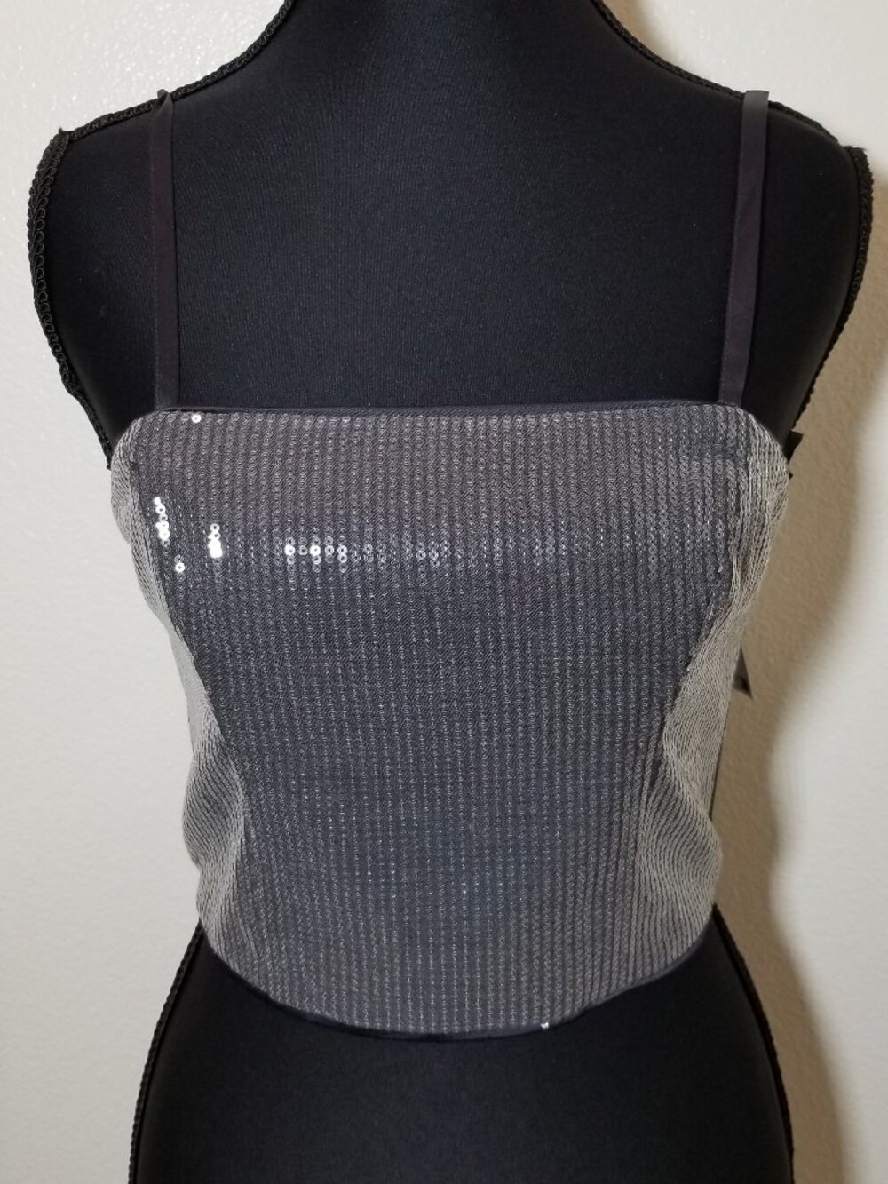 Guess‎ Cassia Gray Sequin Bustier Spaghetti Strap Crop Top Size XS Club Sexy NWT